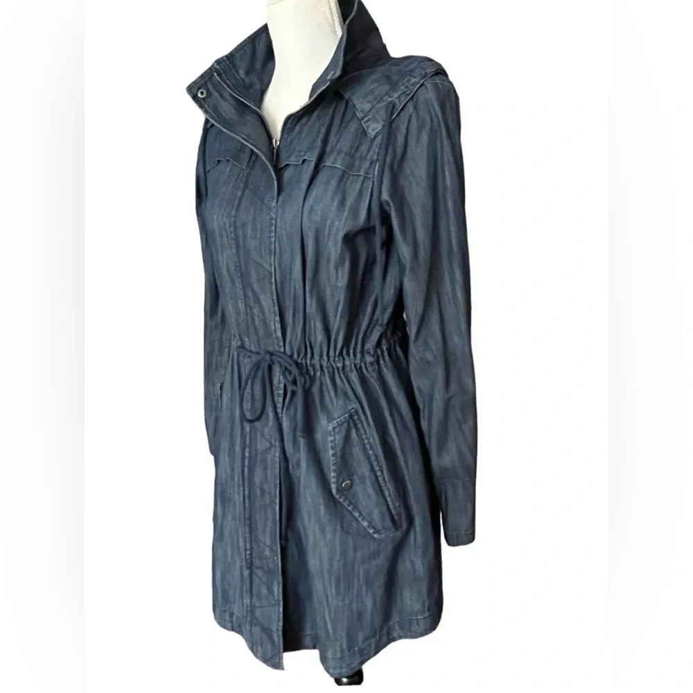 Old Navy Denim Chambray Jacket Lightweight Jean XS Long Blue Unlined Hood Zip